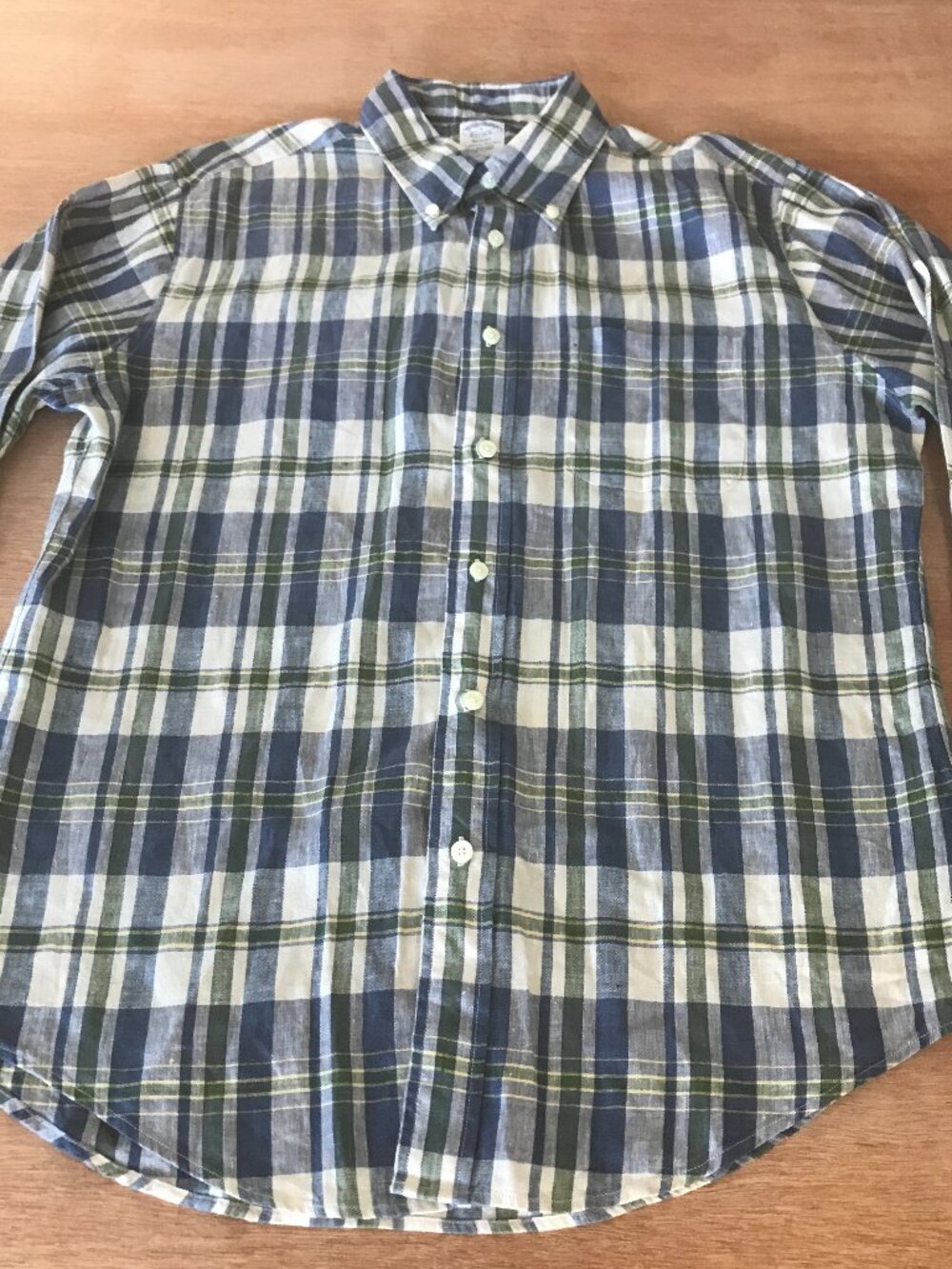 Brooks Brothers Regent 100% Linen Shirt Men L Blue Plaid Button Down Pocket